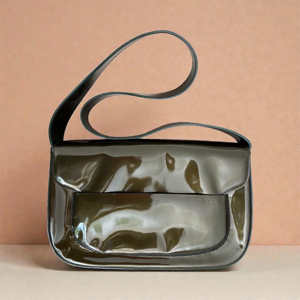 Bally Y2K Patent Leather Shoulder Bag in Dark Olive Green